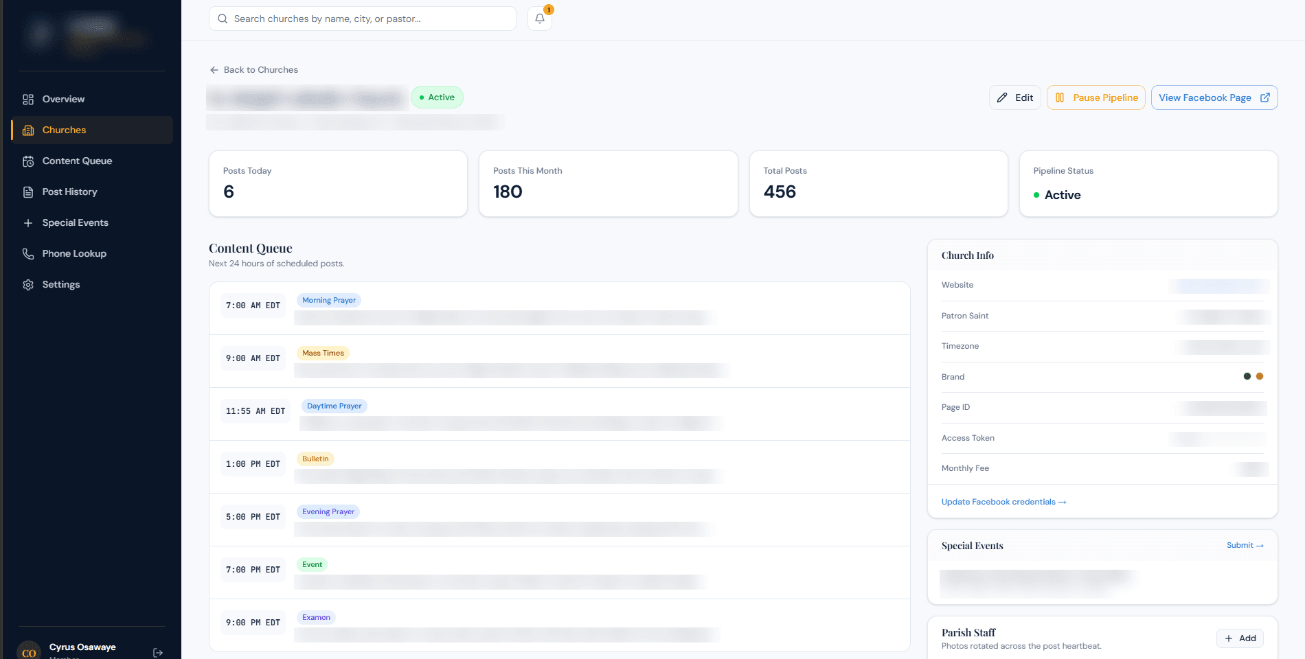 A per-tenant operations view: posts today, posts this month, total posts, pipeline active, a seven-slot daily content queue with times and typed categories, and a per-tenant configuration panel.