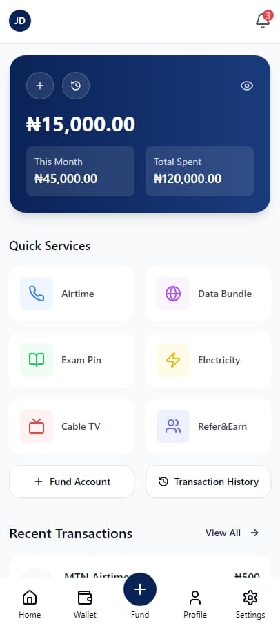 The PayLink wallet: a balance card with this month and total spent, quick services for airtime, data, exam pins, electricity and cable TV, fund account and transaction history actions, and a recent transactions list.